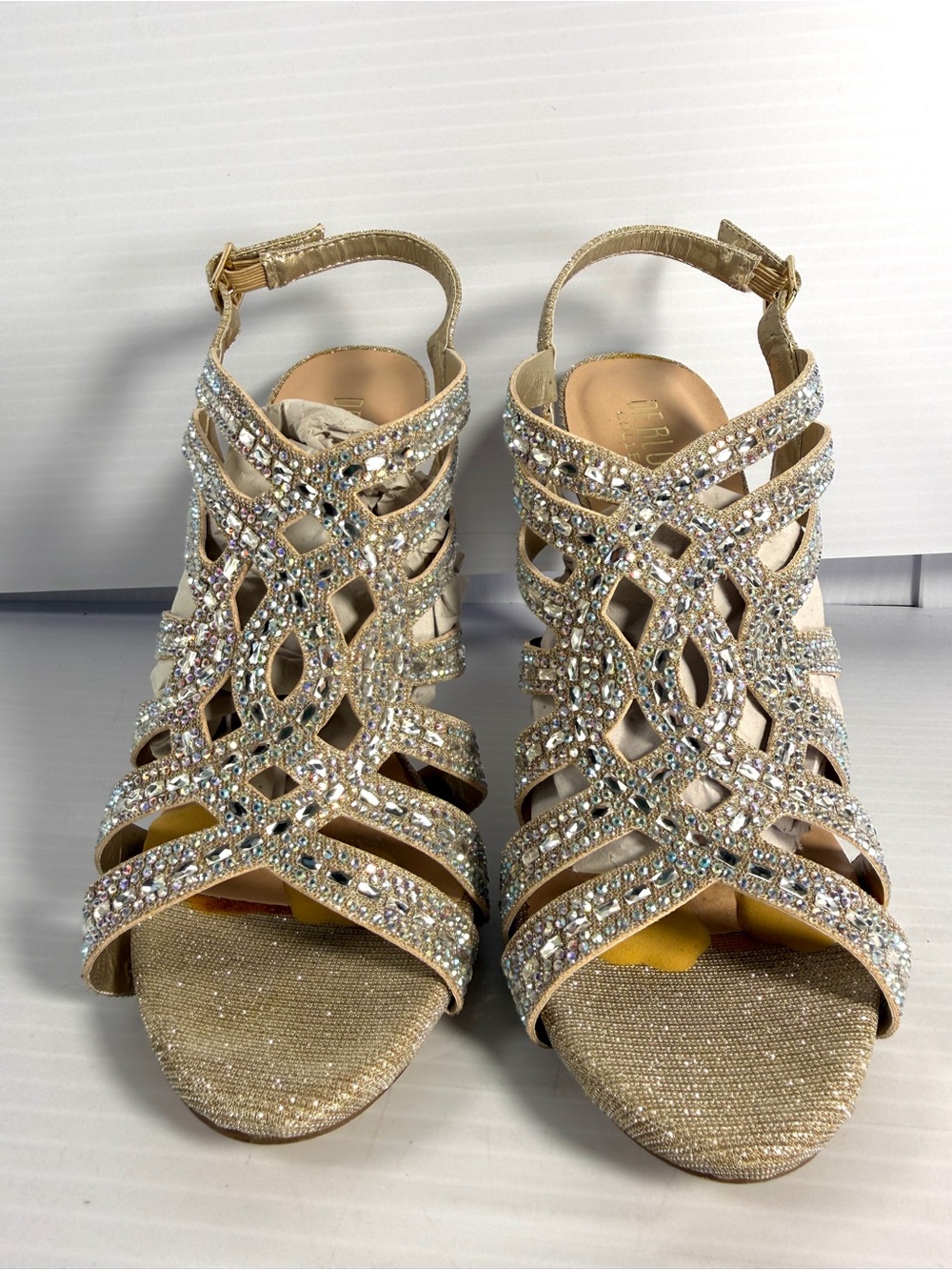 Farah Gold Crystal-Strap Evening Heels